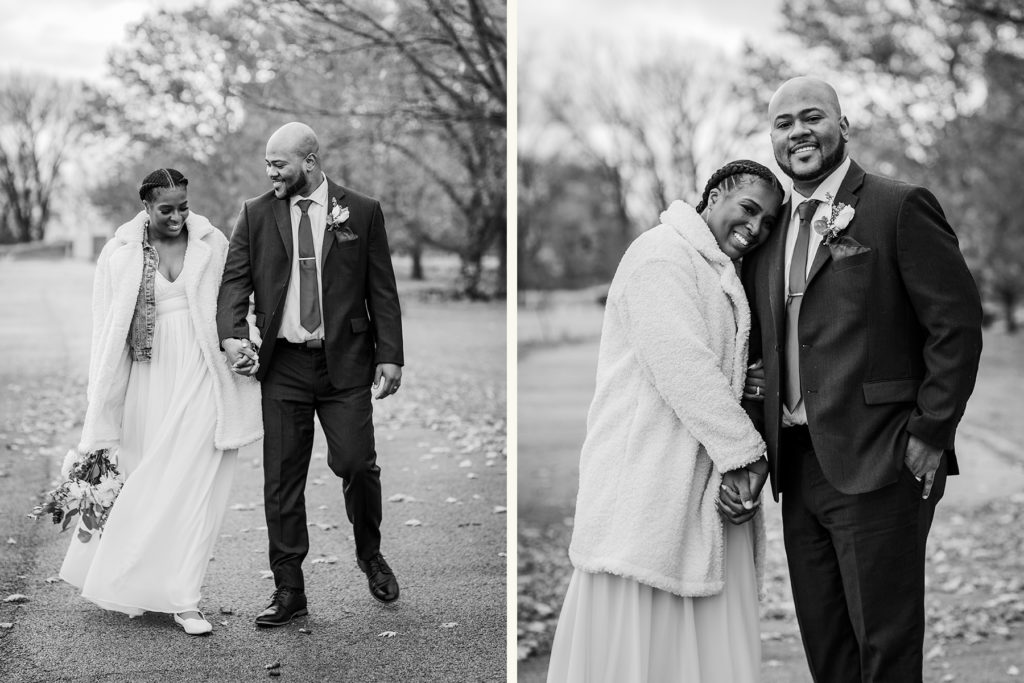 Couple walking and laughing while holding hands after their Chicago city hall wedding