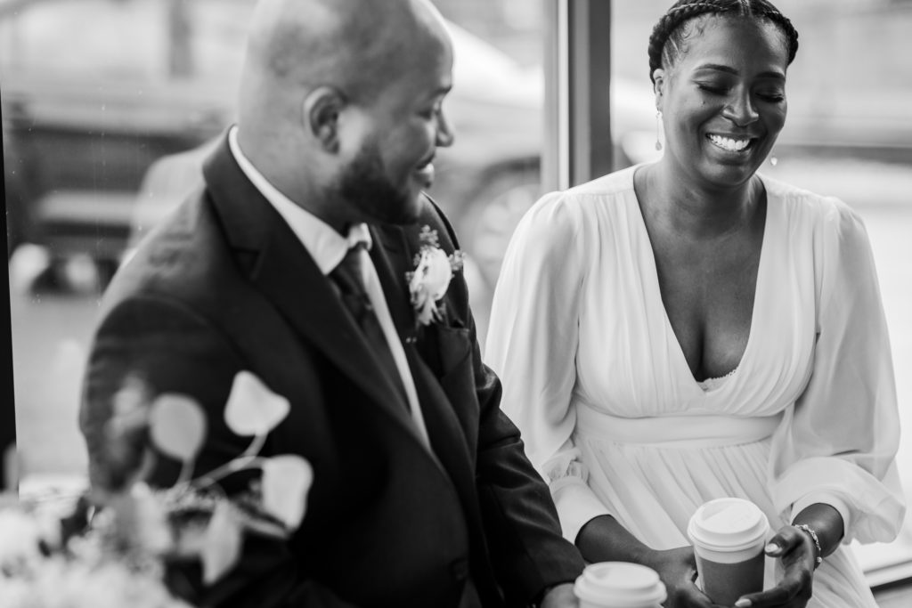 Couple talking and laughing after their Chicago city hall wedding