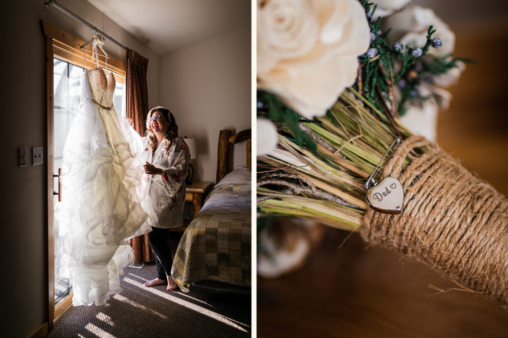 Bride laughs as she touches her wedding dress