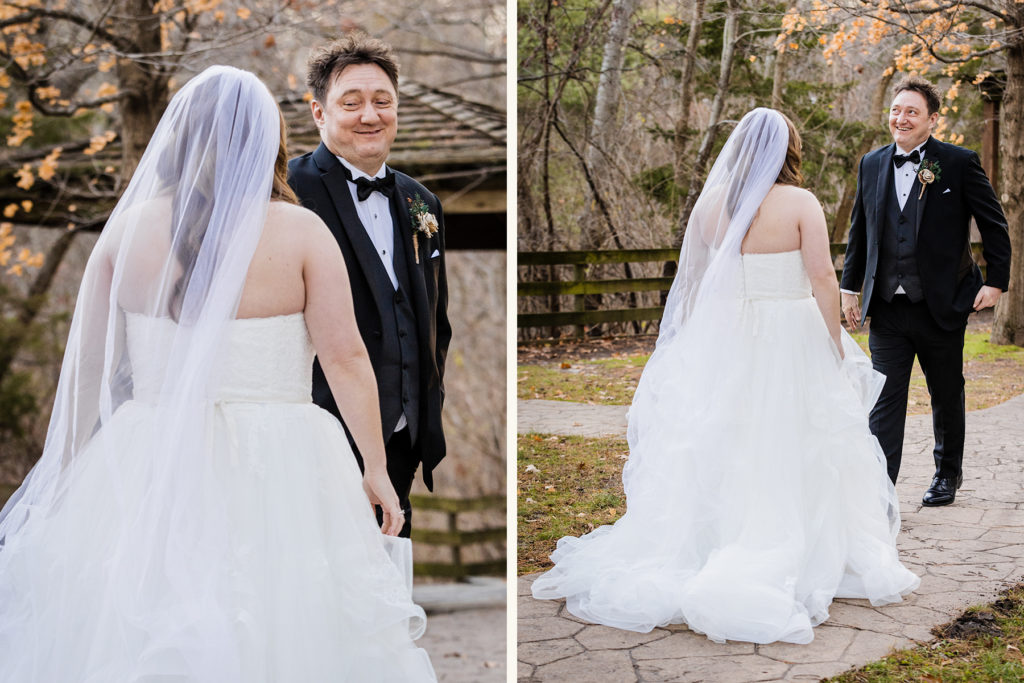 Groom turns around to see his bride for the first time on their wedding day