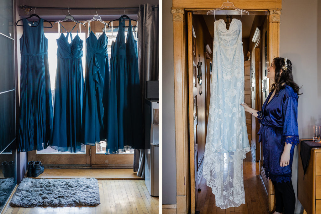 Bridesmaids dresses hanging with the bride's dress while she looks at it before her wedding at Ovation Chicago