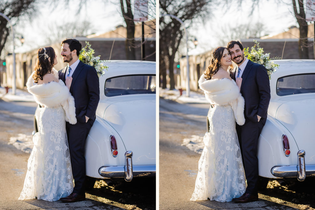 Couple lean against vintage car before their wedding at Ovation Chicago