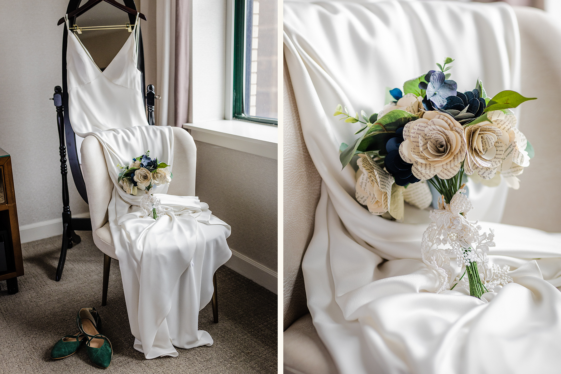 Dress sitting on chair with florals laying across it at Claridge house before the bride's Revolution Brewing Wedding