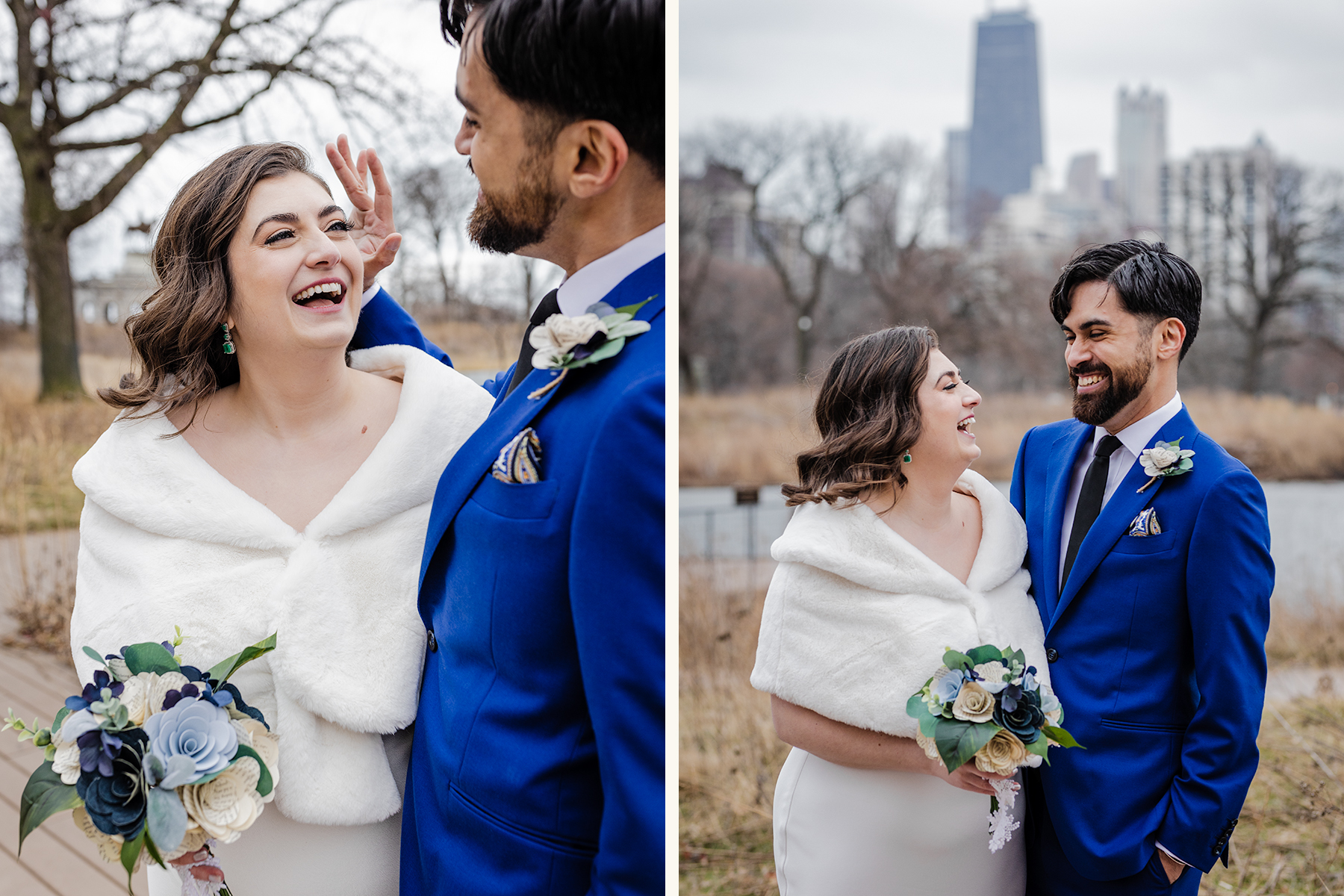 Bride and groom laughing together before their Revolution Brewing Wedding 