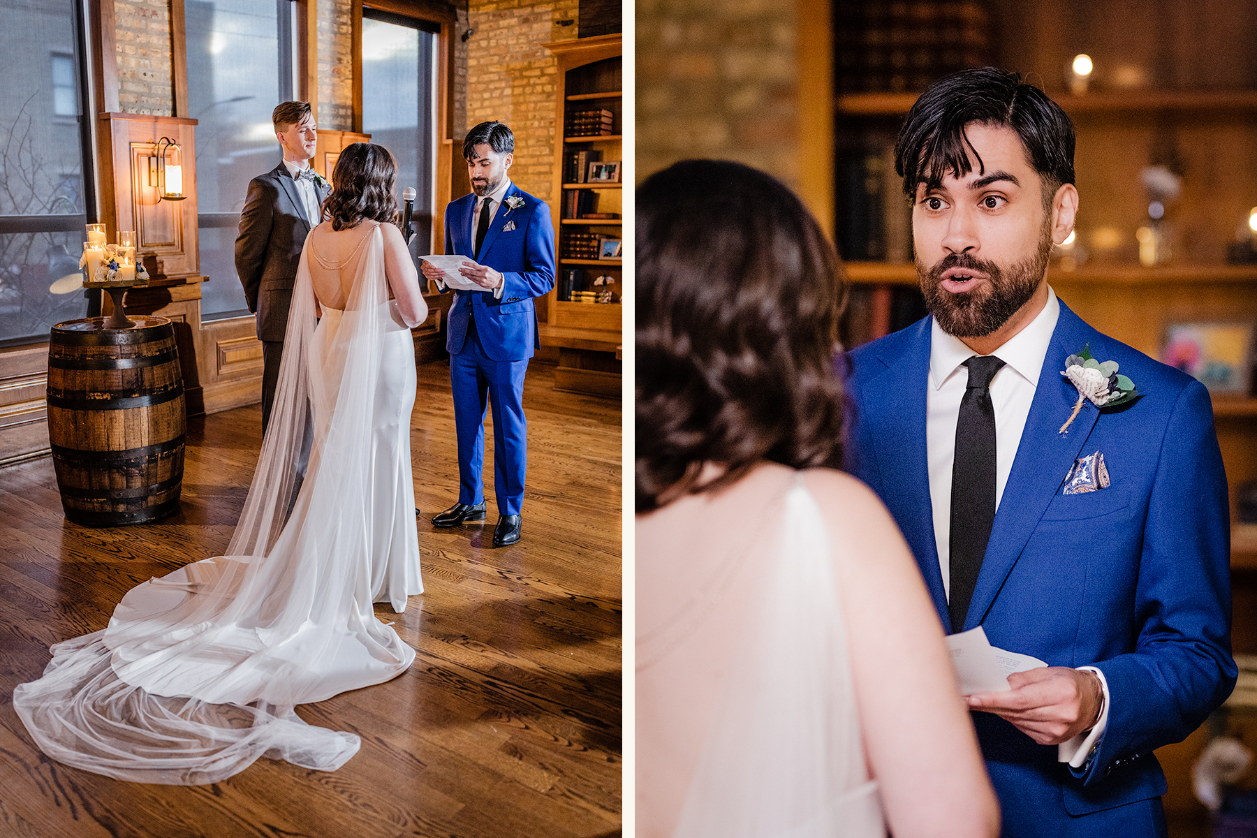 back of bride's dress during her Revolution Brewing Wedding