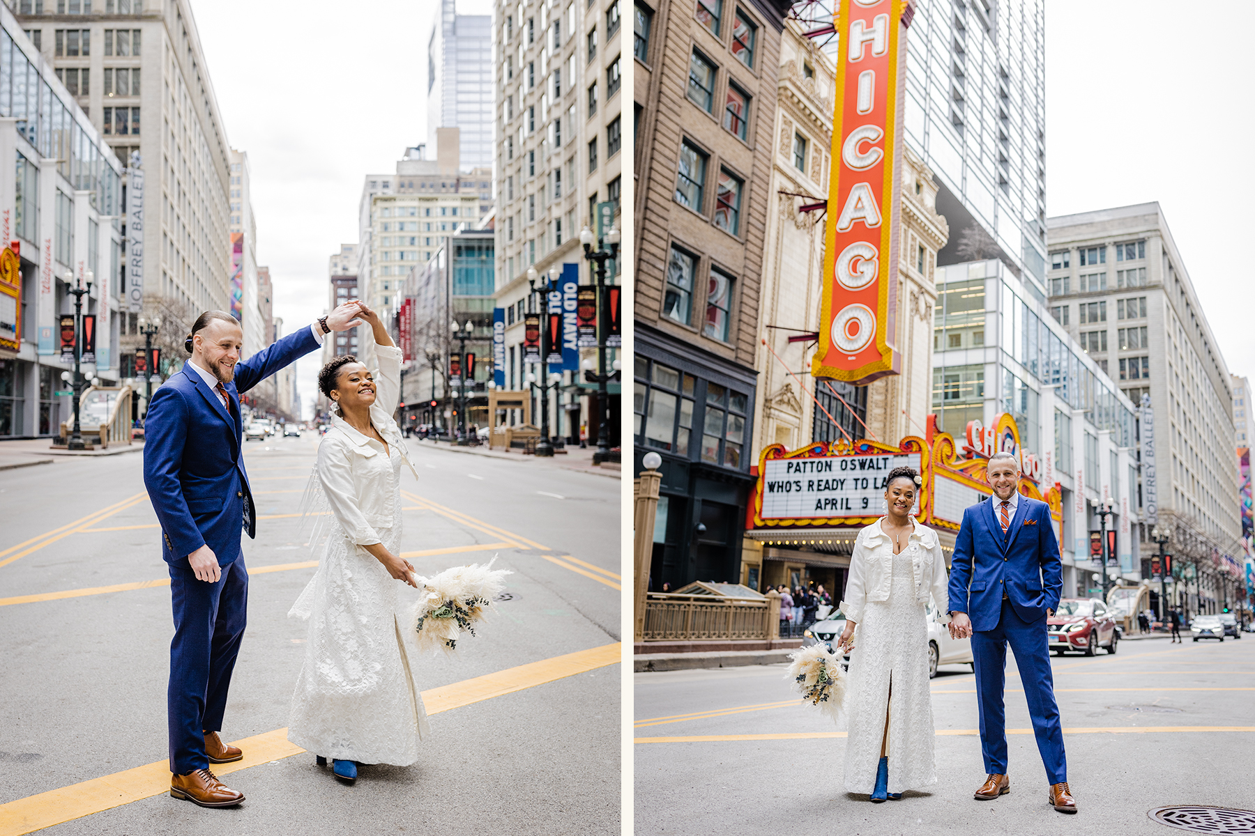 Couple taking photos in the loop Chicago before their Bottom Lounge wedding