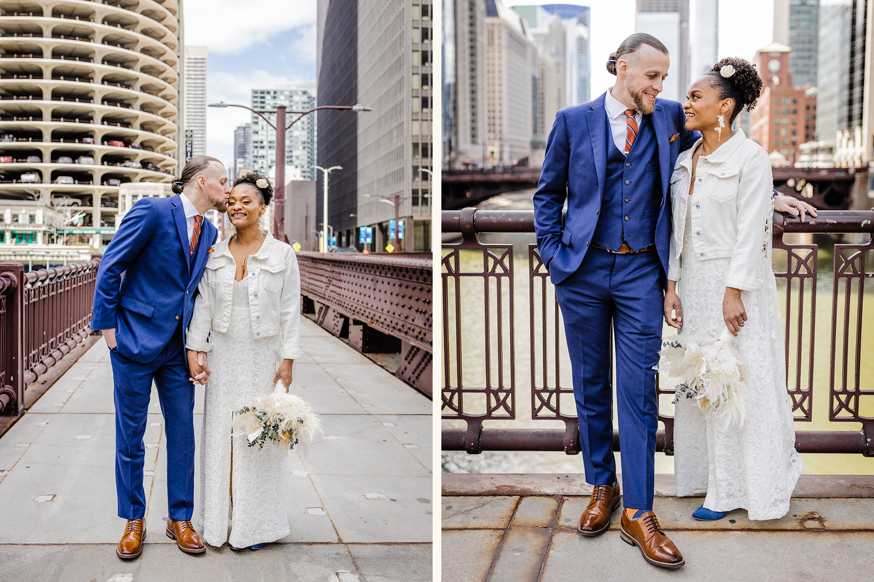 Bride and groom posing on a bridge in Chicago before their Bottom Lounge wedding