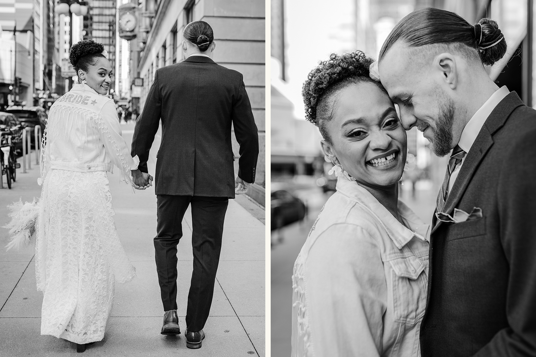 couple laughing together in downtown Chicago before their Bottom Lounge wedding