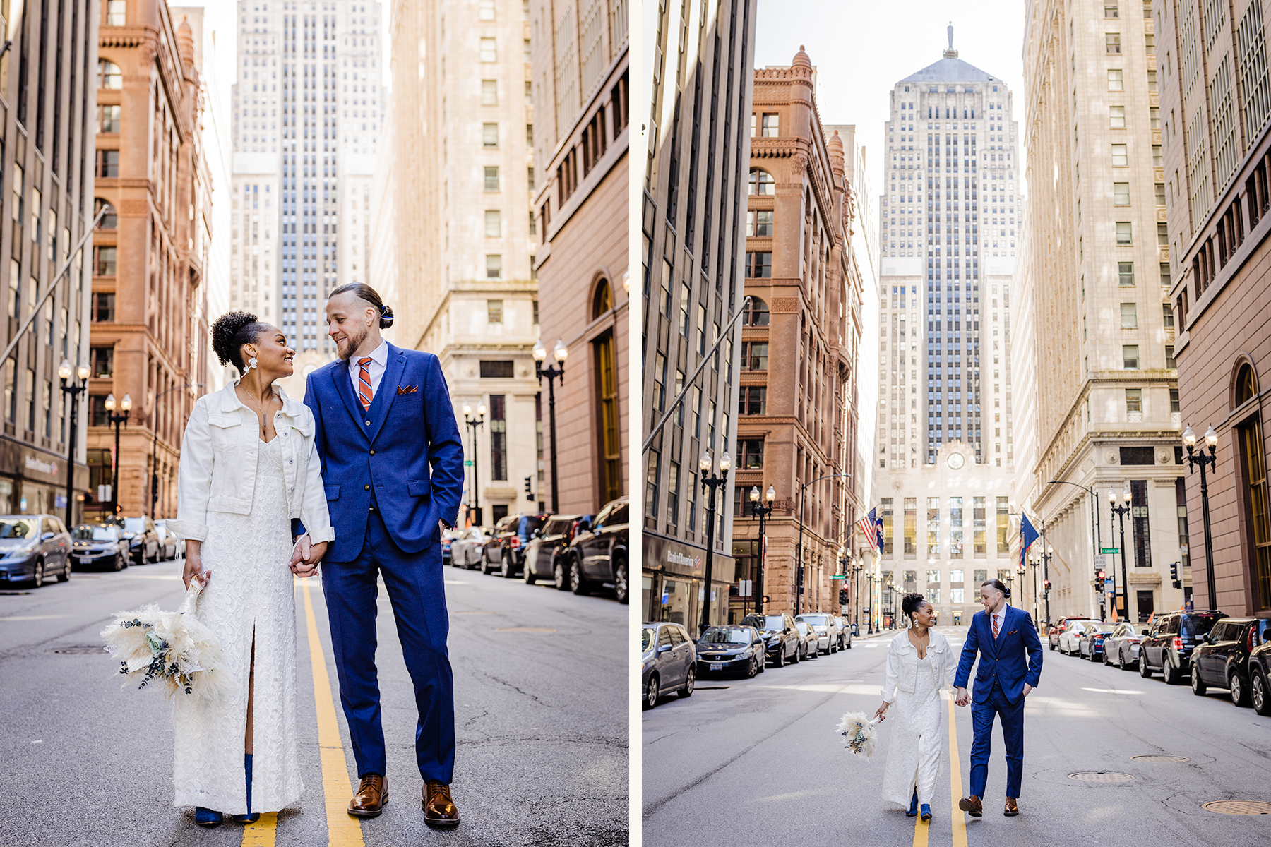 Couple walking by the Chicago Board of Trade Building before their Bottom Lounge wedding