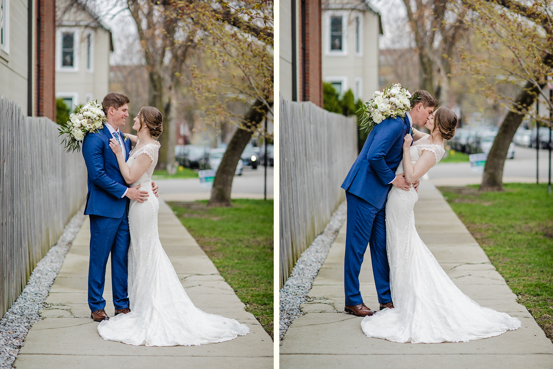 Groom kissing his bride before their wedding at The Joinery